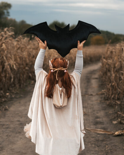 Dziewczynka z rudymi włosami w warkoczach, ubrana w jasno beżowy płaszcz z kapturem, stojąca tyłem na polnej drodze między polami kukurydzy, trzymająca nad głową czarną poduszkę w kształcie nietoperza.