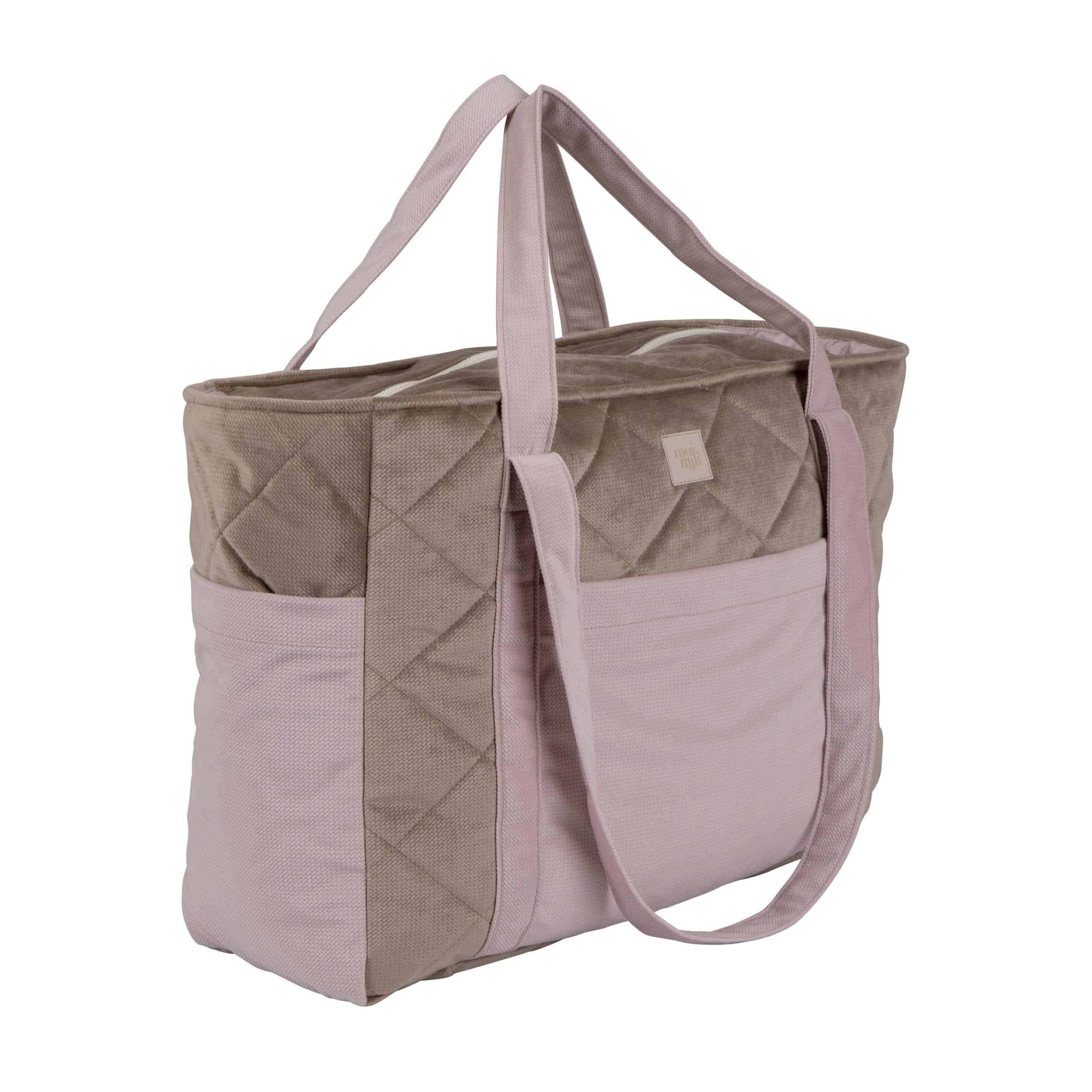 Beżowo-różowa pikowana torba na ramię z dwiema długimi rączkami i zewnętrzną kieszenią