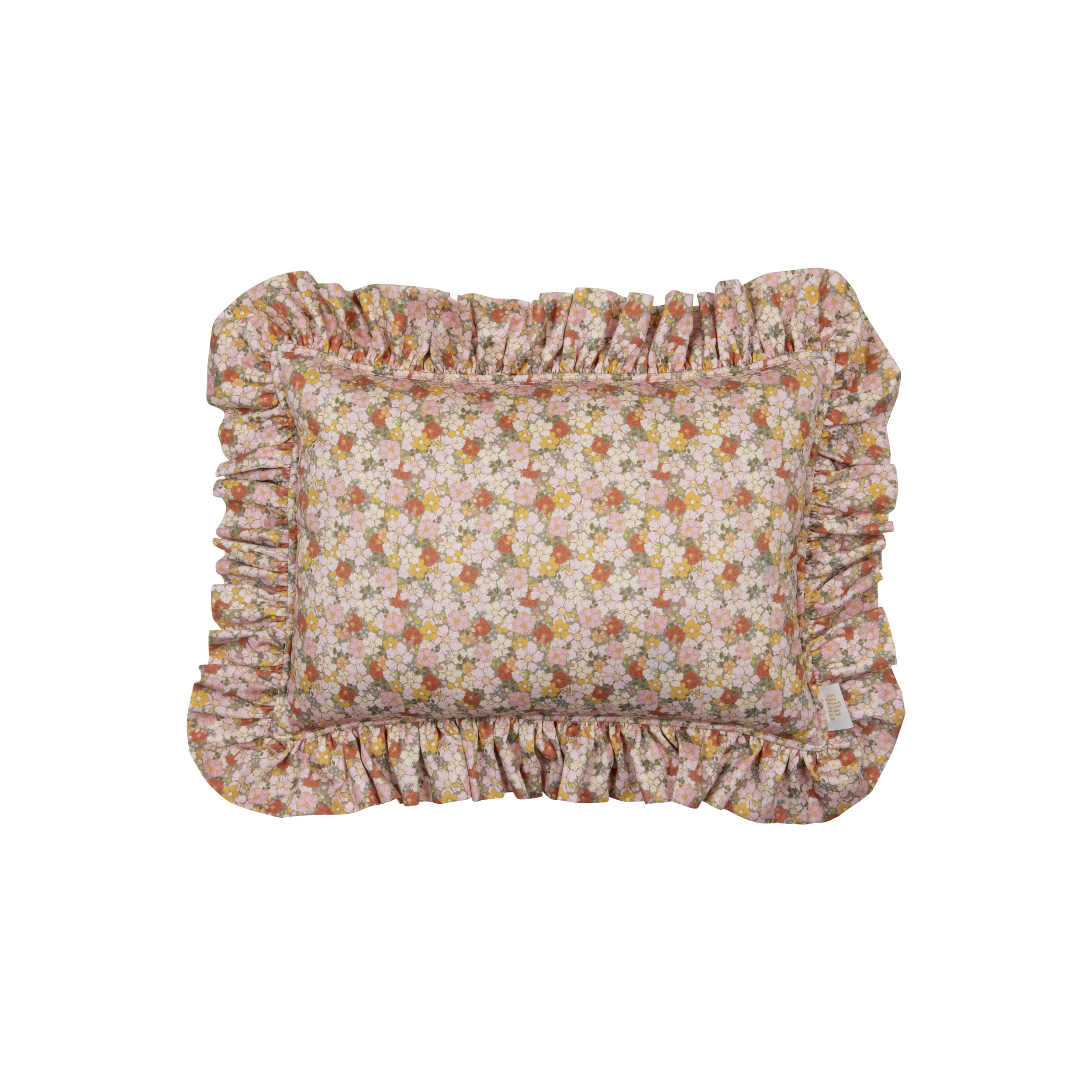 Poduszka z falbanami w drobne kwiaty w odcieniach różu, pomarańczowego i żółtego na białym tle