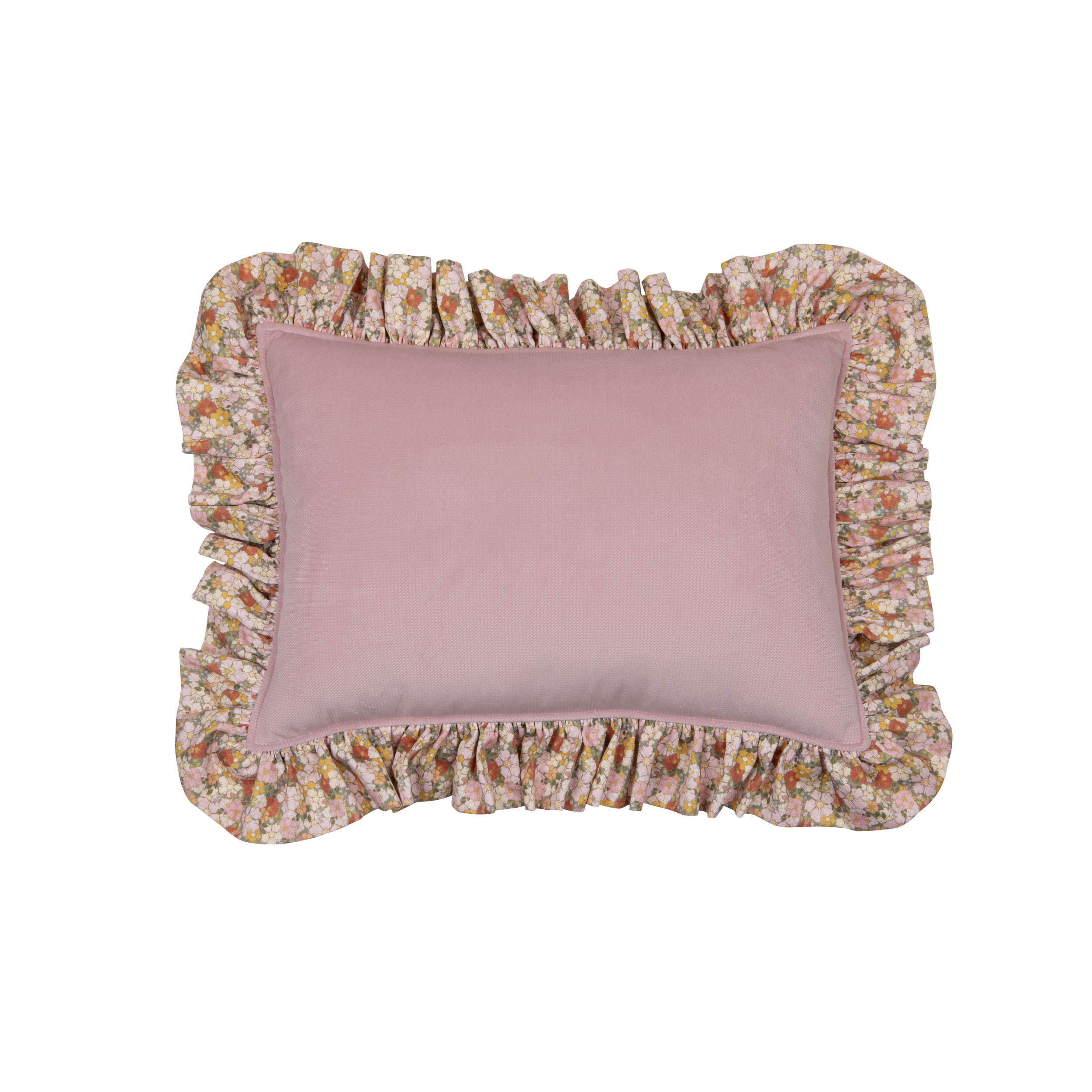 Różowa poduszka prostokątna z falbaną w kwiatowy wzór w ciepłych kolorach na białym tle