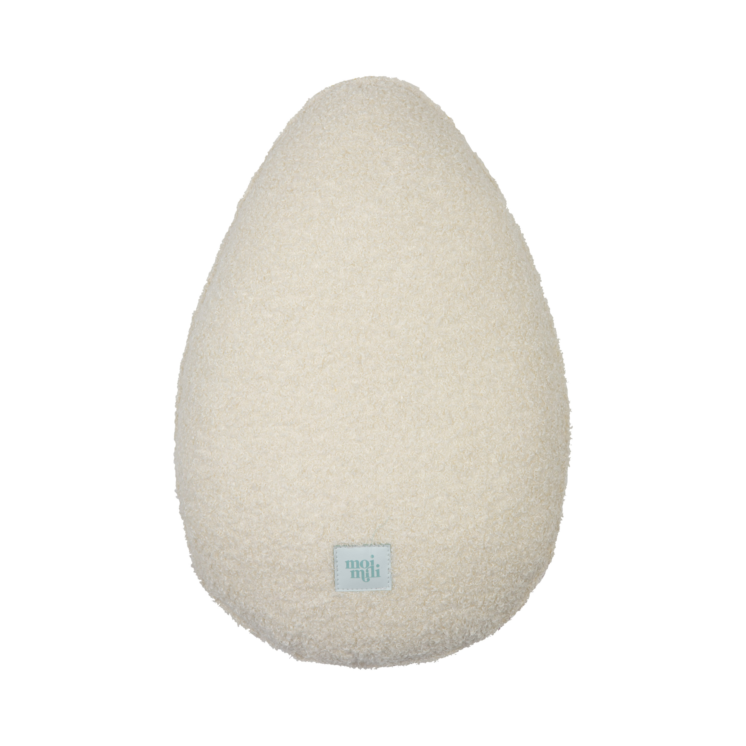 Jajowaty biały poduszka z miękkiego, puszystego materiału z niebieską metką moj muli