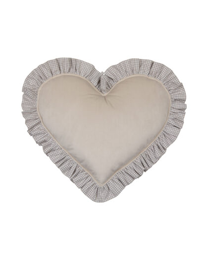 Poduszka w kształcie serca w jasnobeżowym kolorze z falbanką w kratkę w odcieniach brązu