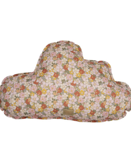 Poduszka w kształcie chmury w kolorowe kwiaty w odcieniach różu, bieli i pomarańczy na białym tle
