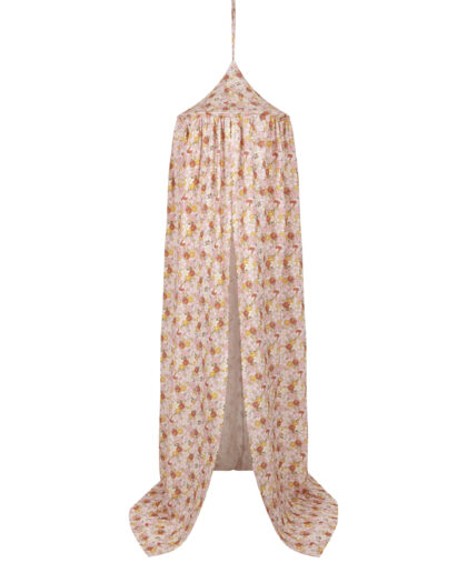 Wiszący baldachim dziecięcy w pastelowe kwiaty z długim, zwisającym materiałem ozdobnym