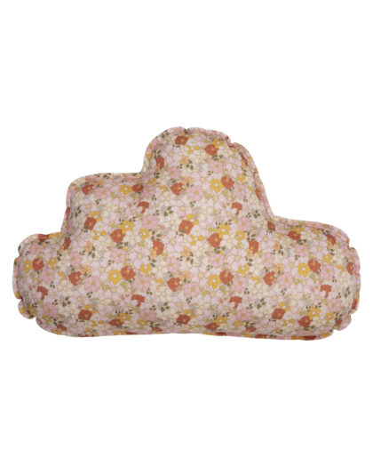 Poduszka w kształcie chmury z tkaniny w drobne kwiaty w odcieniach różu, pomarańczu i żółci