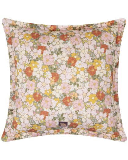 Poszewka na poduszkę w kolorowe kwiaty w odcieniach różu, pomarańczu i żółci na jasnozielonym tle