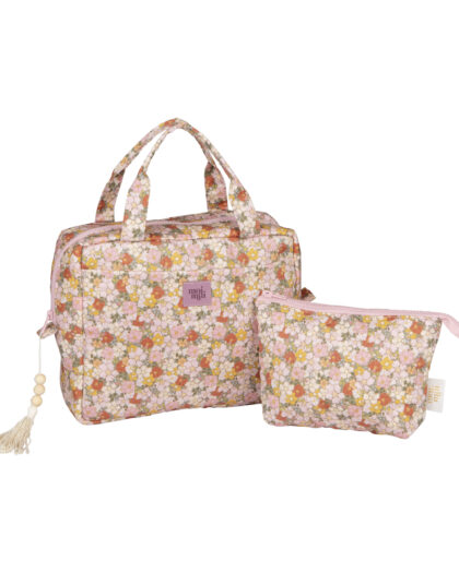 Zestaw dwóch torebek z tkaniny w kwiatowy wzór w odcieniach różu, żółci i pomarańczowego.