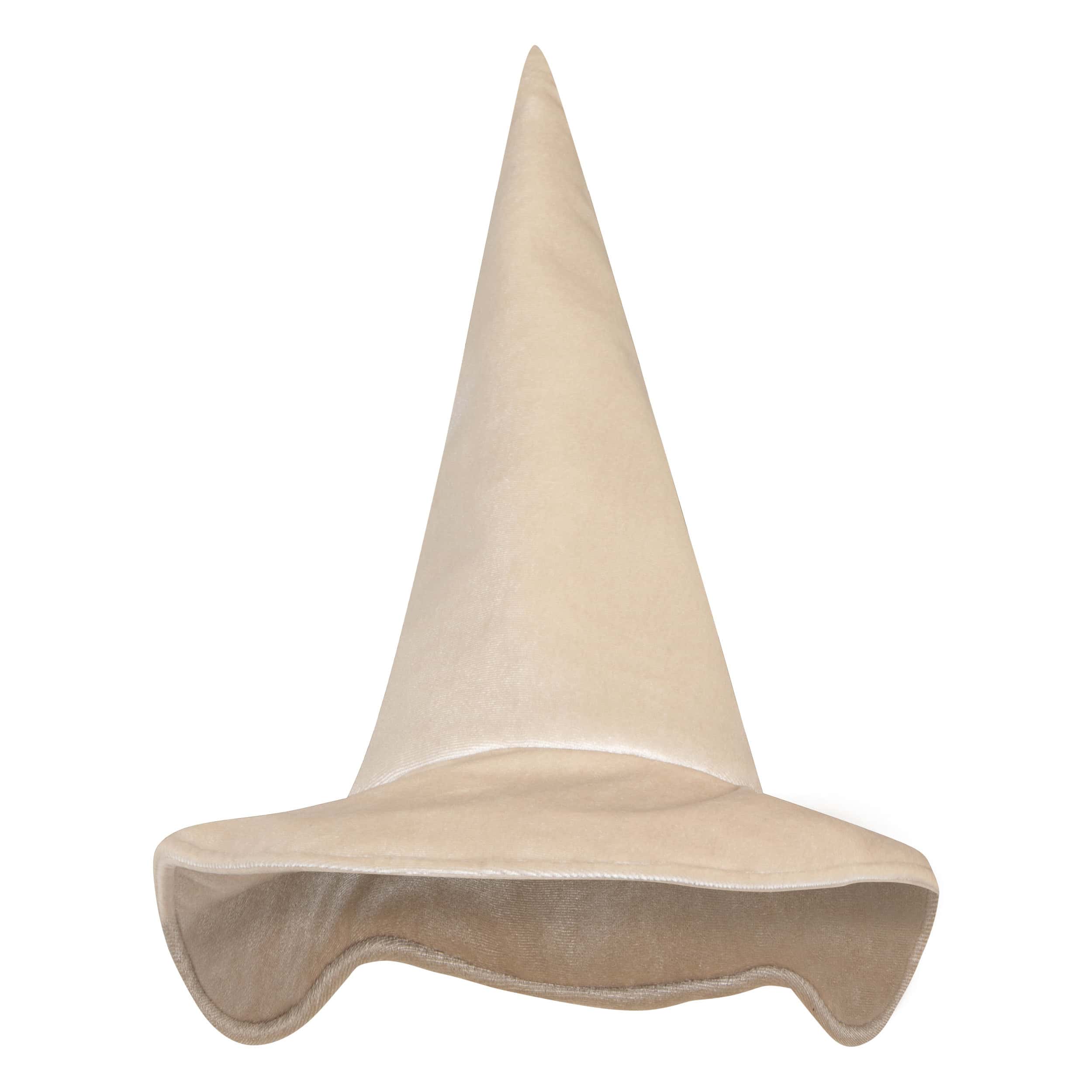 jasnobeżowy aksamitny kapelusz czarodzieja z szerokim otokiem i wysokim stożkowym szczytem