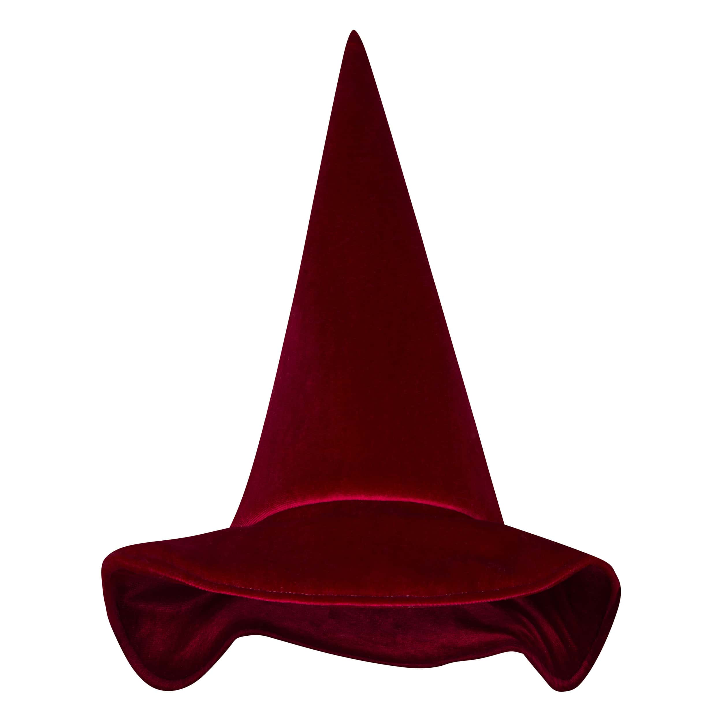 bordowy welurowy kapelusz czarownicy z wysokim stożkowym daszkiem i szerokim, lekko powyginanym rondem