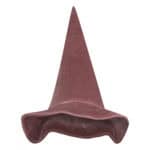 Różowy aksamitny kapelusz czarodzieja o wysokim stożkowym kształcie i falującym rondzie na białym tle
